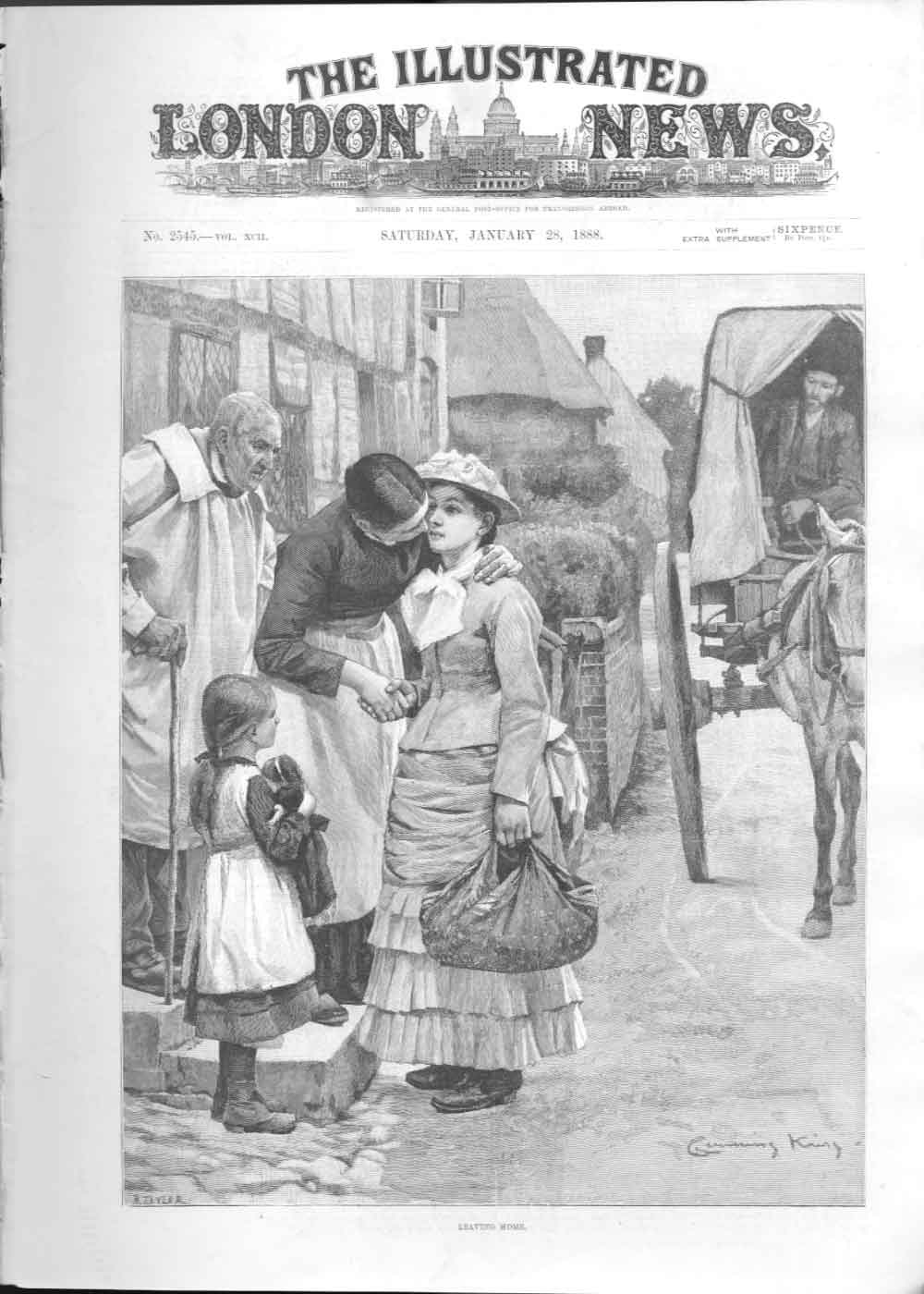 Original Old Antique Print Leaving Home By King Art 1888 19th Century