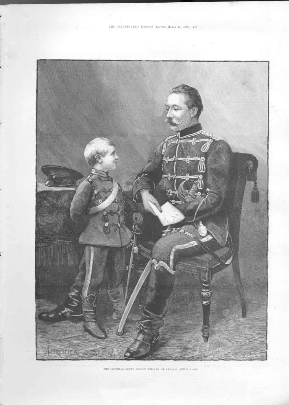 Original Old Antique Print Crown -Rince William Prussia And Son 1888 A Victorian