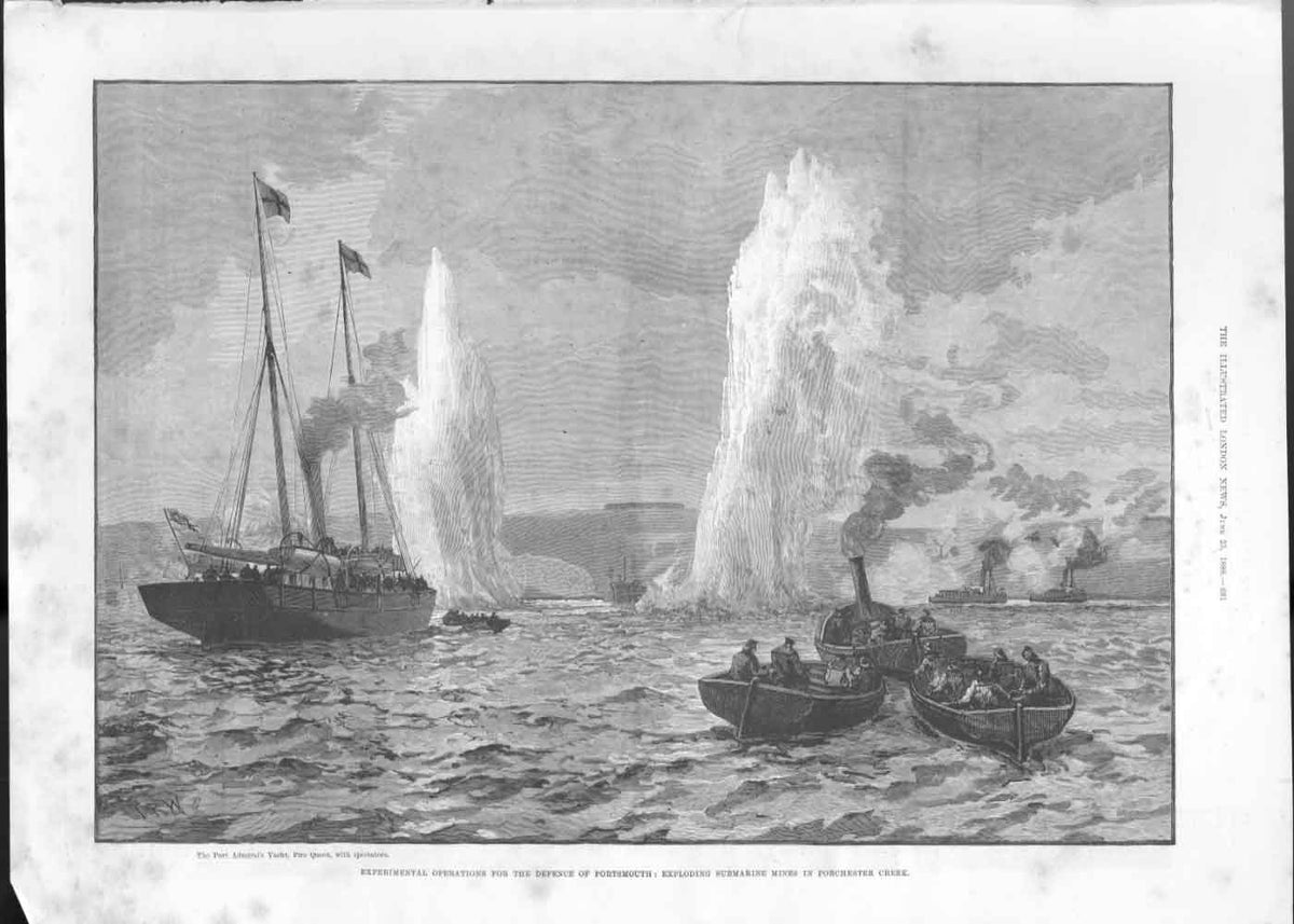 Original Old Antique Print Exploding Mines Porchester Creek Portsmouth 1888