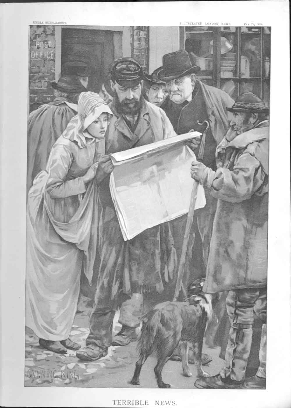 Original Old Antique Print Terrible News By King Art 1888 19th