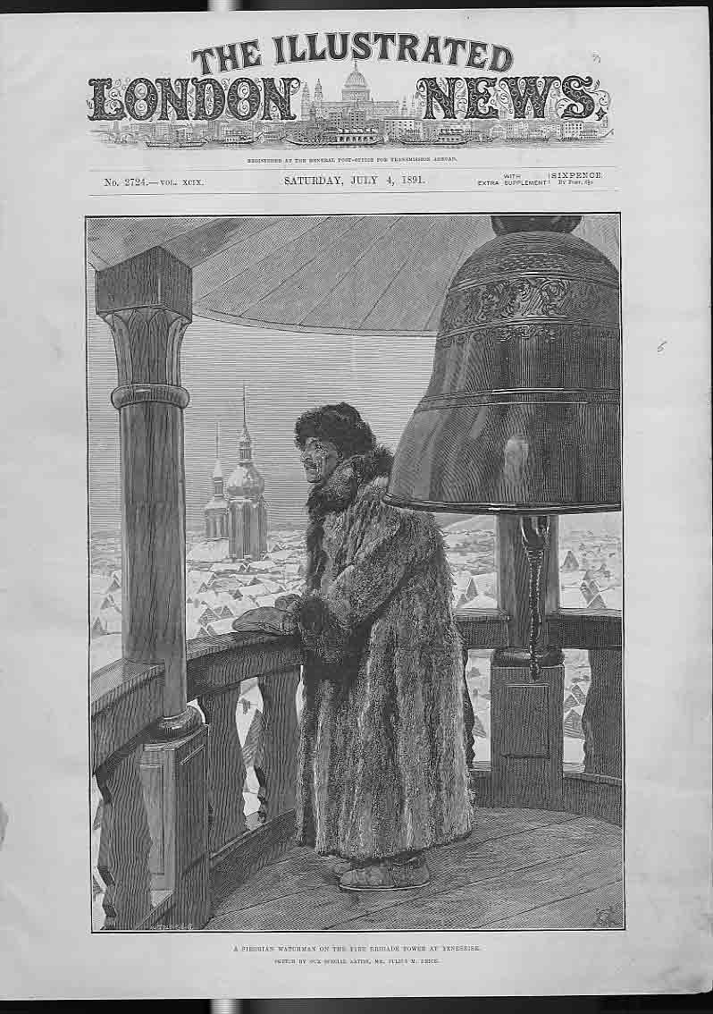 Original Old Antique Print Siberian Watch On Fire Tower At Yeneseisk 0