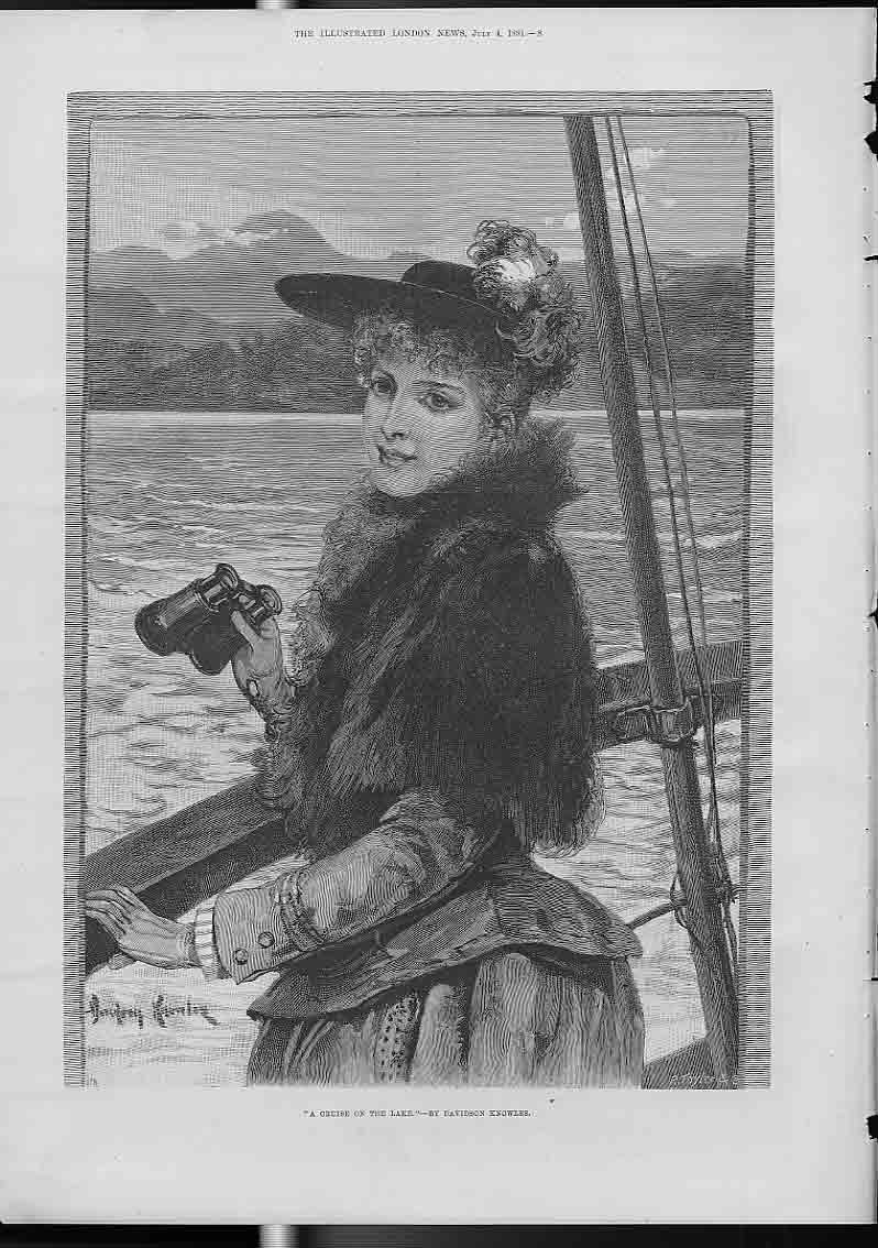 Original Old Antique Print Cruise On Lake By D Knowles Fine Art 1891 Victorian