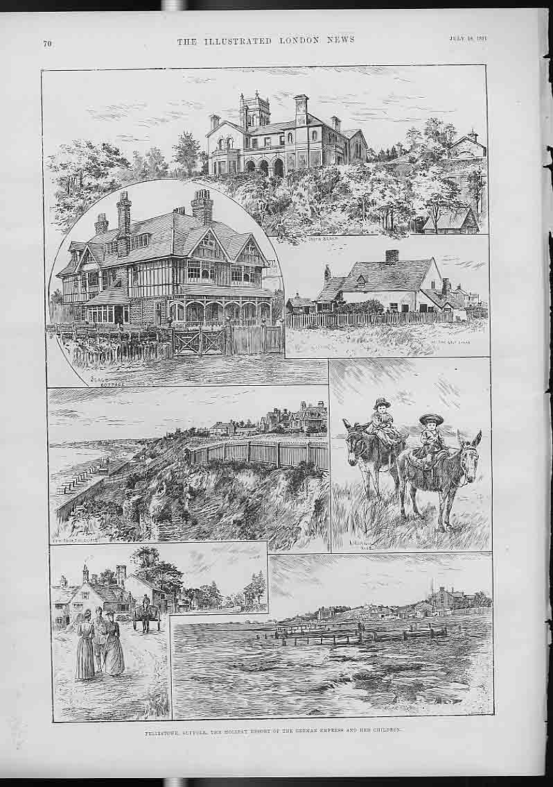 Original Old Antique Print Fexixstowe Sussex 1891 19th Century