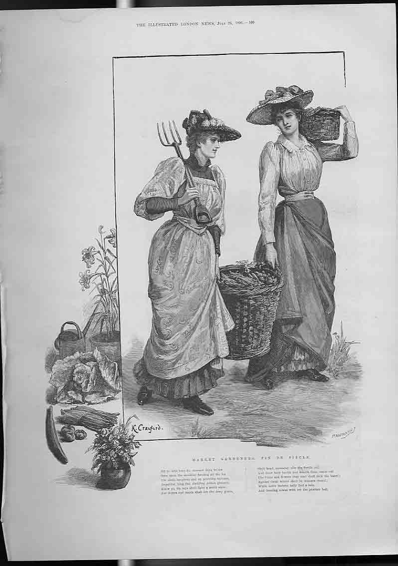 Original Old Antique Print Market Gardners Fin De Siecle Fine Art