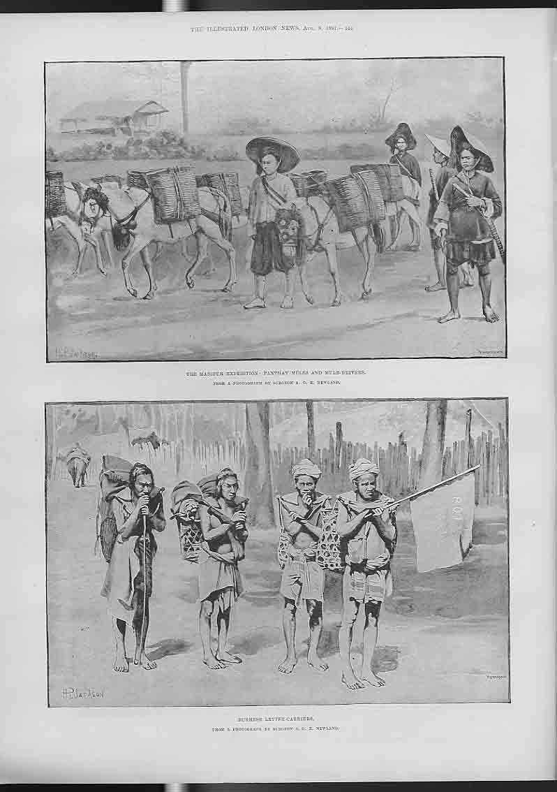 Original Old Antique Print Manipur Expedition & Burmese Letter Carriers 1891