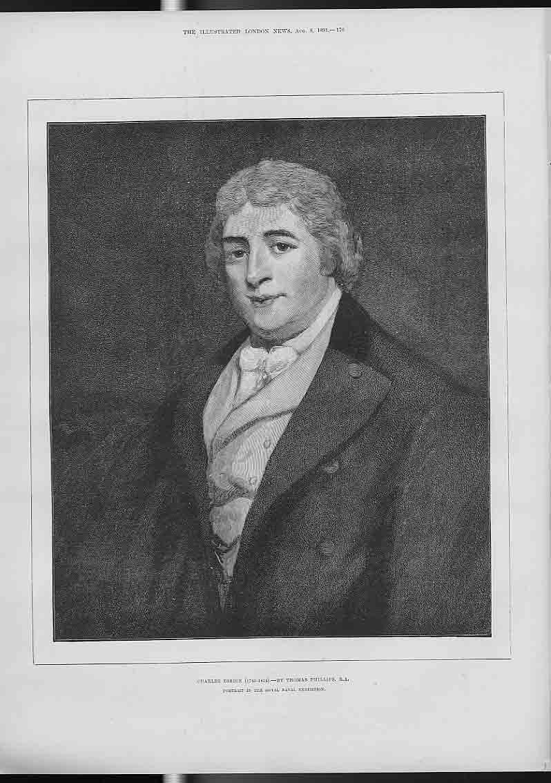 Original Old Antique Print Charles Dirdin 1891 Portrait A 19th Century