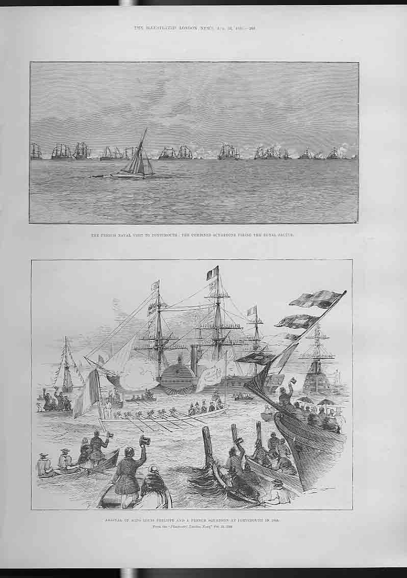 Original Old Antique Print 1844 Visit French Ships To Portsmouth A Victorian