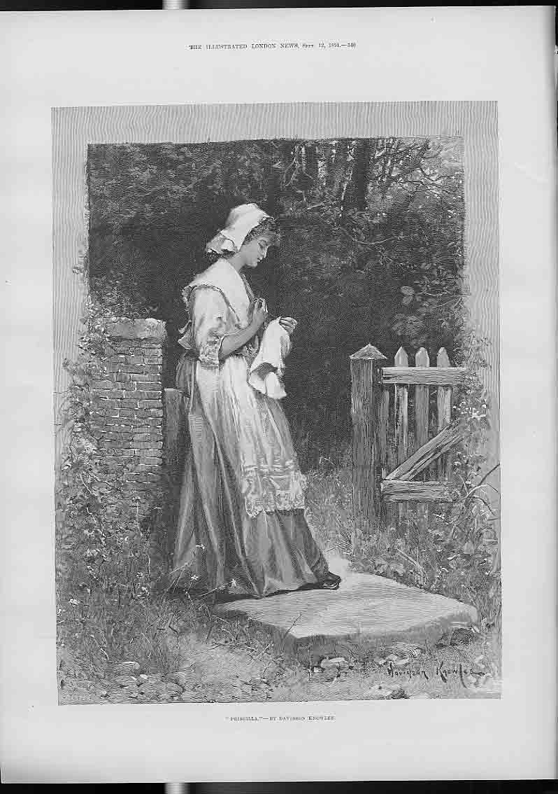 Original Old Antique Print Priscilla By David Knowles Fine Art 1891 A Victorian