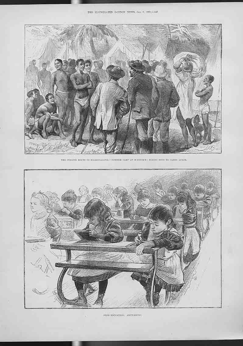 Original Old Antique Print Pungwe Rout Mashonaland 1891 & Free Education Sums