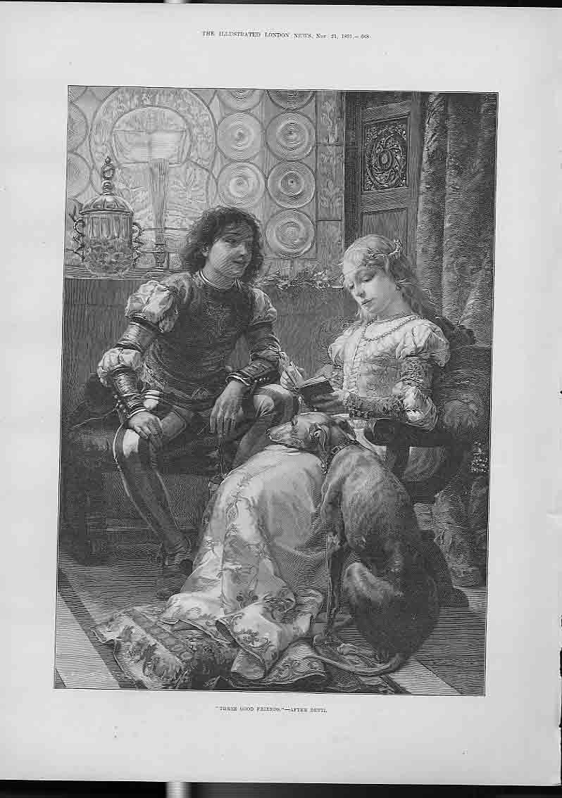Original Old Antique Print Three Good Friends After Detti Fine Art