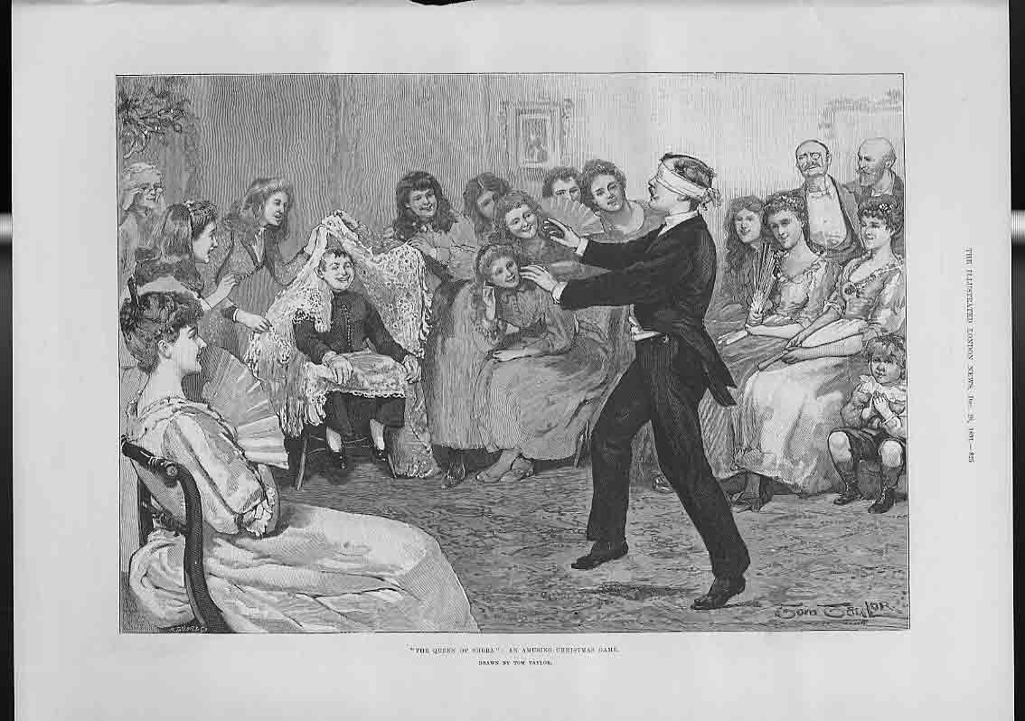 Original Old Antique Print The Queen Sheba A Christmas Game