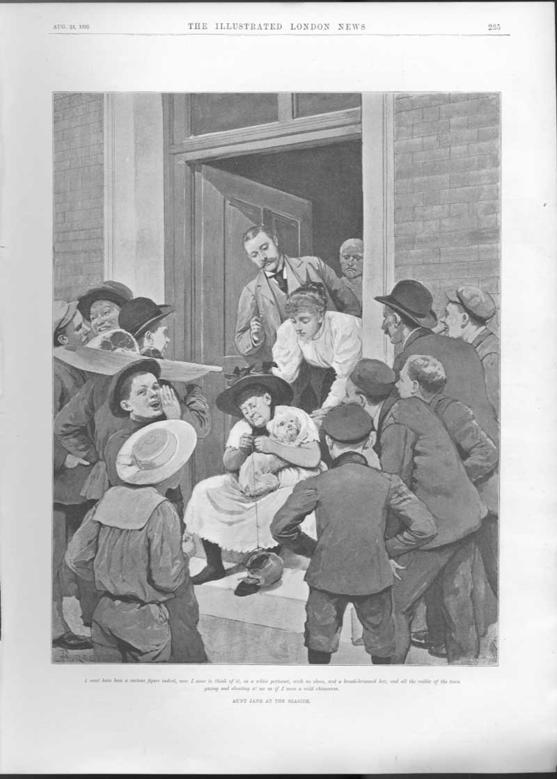 Original Old Antique Print Aunt Jane At Sea Side Fine Art 1895 A 19th