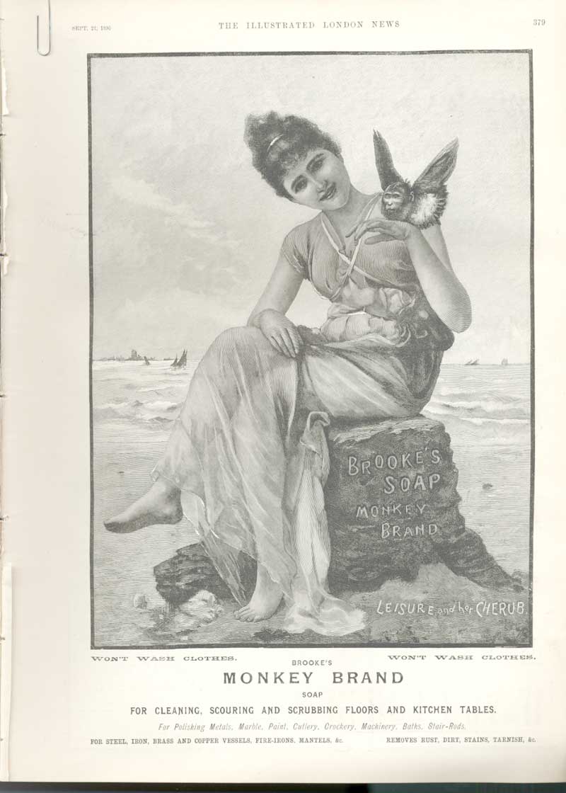 Original Old Antique Print Advert Brookes Monkey Brand Soap Seaside 1895 19th