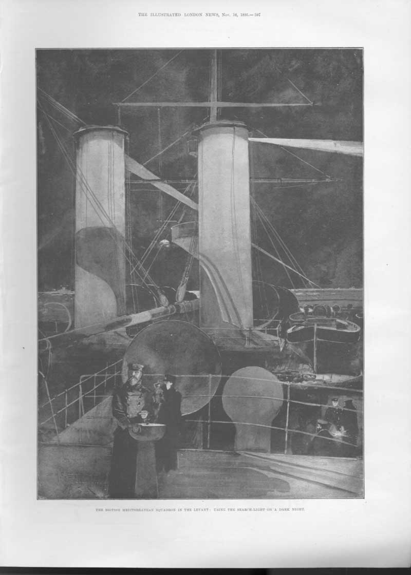 Original Old Antique Print Navy Ship Using Search Light 1895 19th