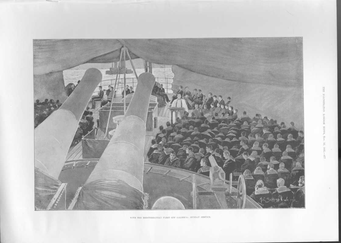 Original Old Antique Print Sunday Service Under Big Guns Fleet 18 Victorian