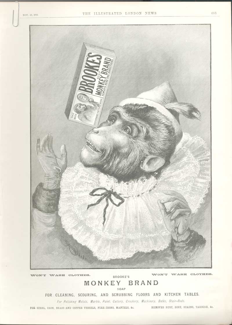 Original Old Antique Print Advert Brookes Monkey Brand Soap On Nose 1895 19th