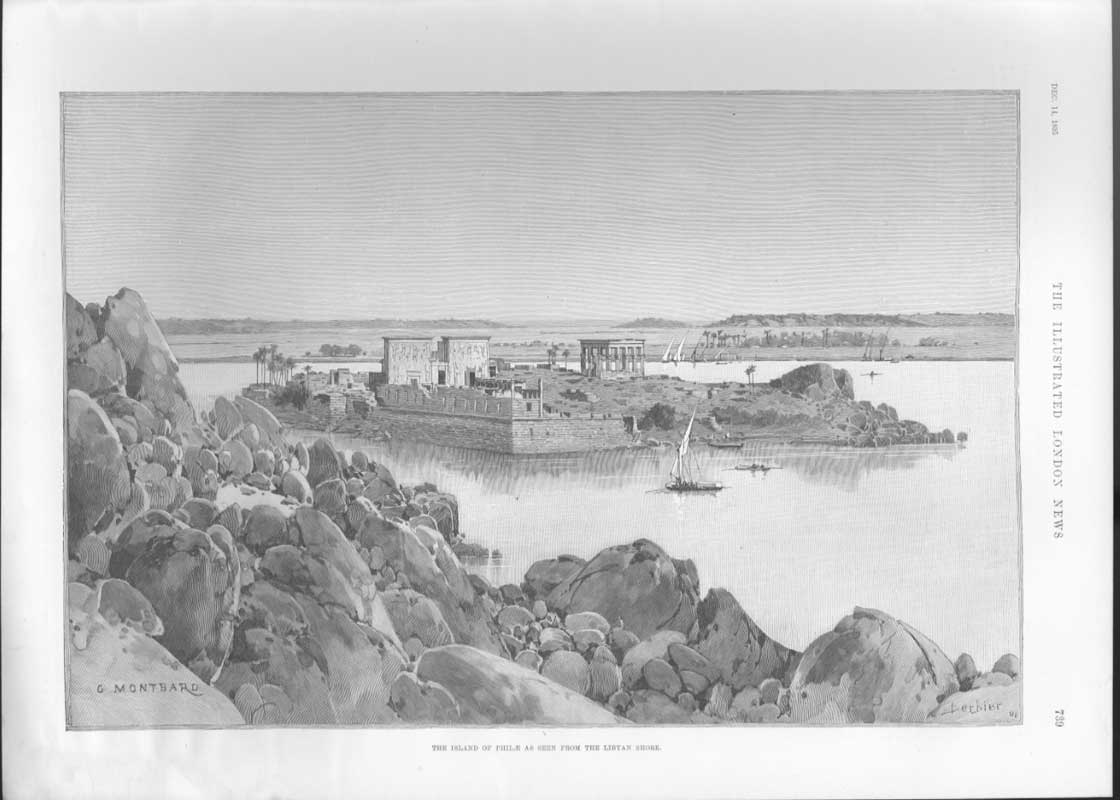 Original Old Antique Print Island Phile From Lybian Shore 1895 19th
