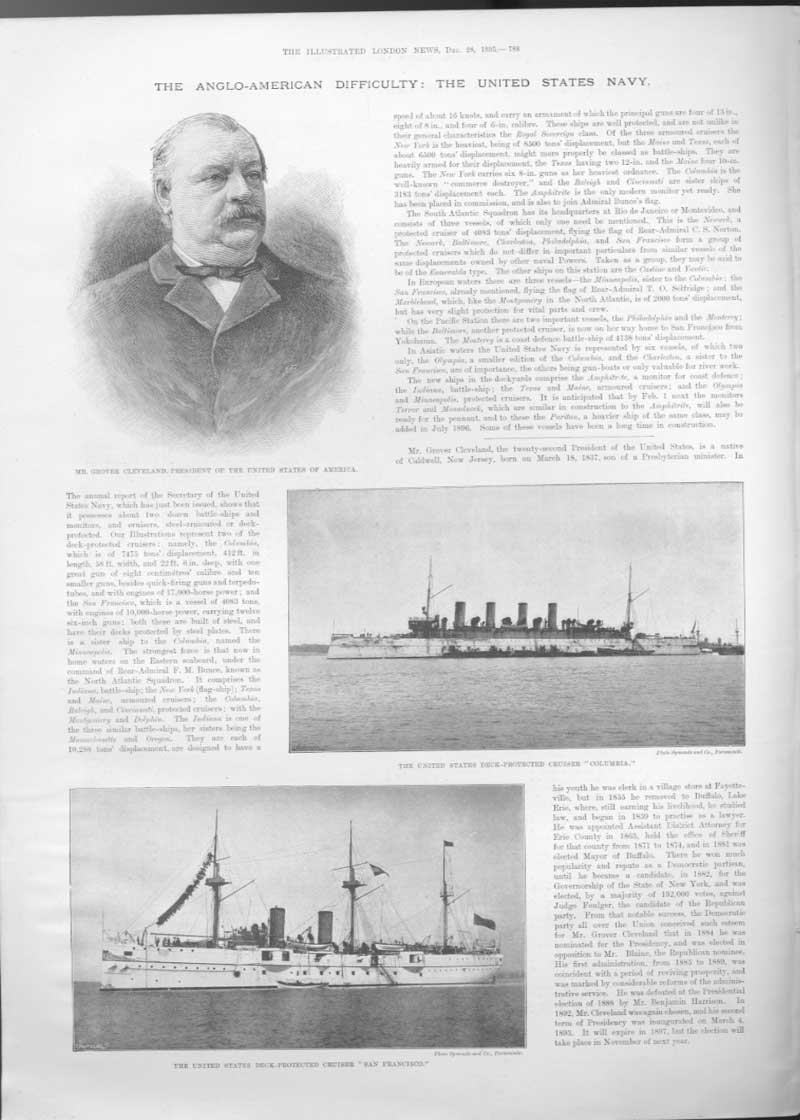 Original Old Antique Print Grover Cleveland & Us Armoured Ships 1895 Victorian