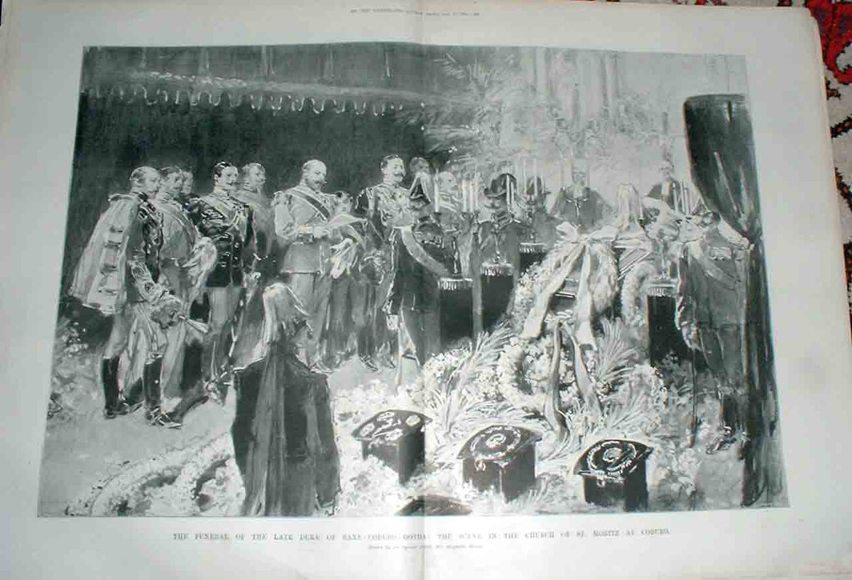 Original Old Antique Print Funeral Duke Saxe Coburg Gotha Church St Moritz Cob