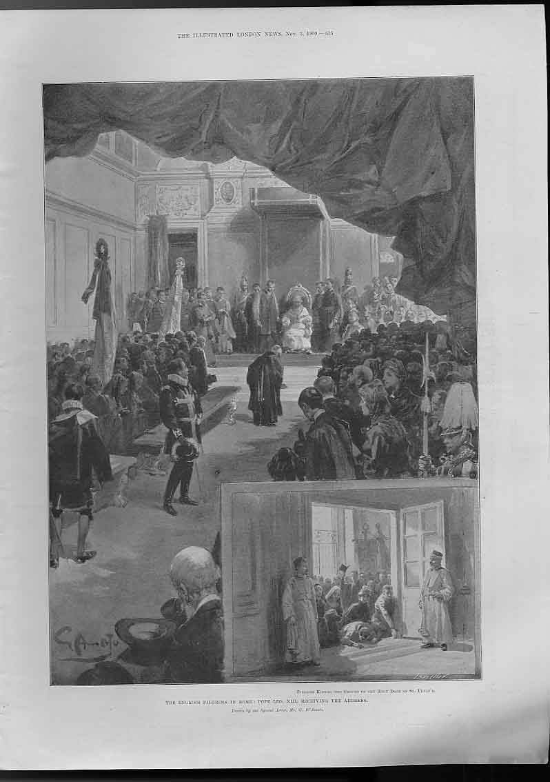 Original Old Antique Print Pilgrims In Rome With Pope Leo Xiii 1900Victorian