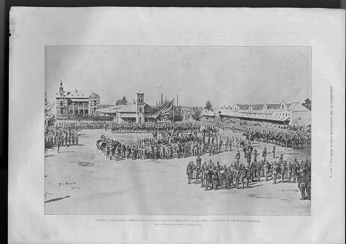 Original Old Antique Print Hoisting Rtoyal Standard Bloenfontein Ofs Boer War