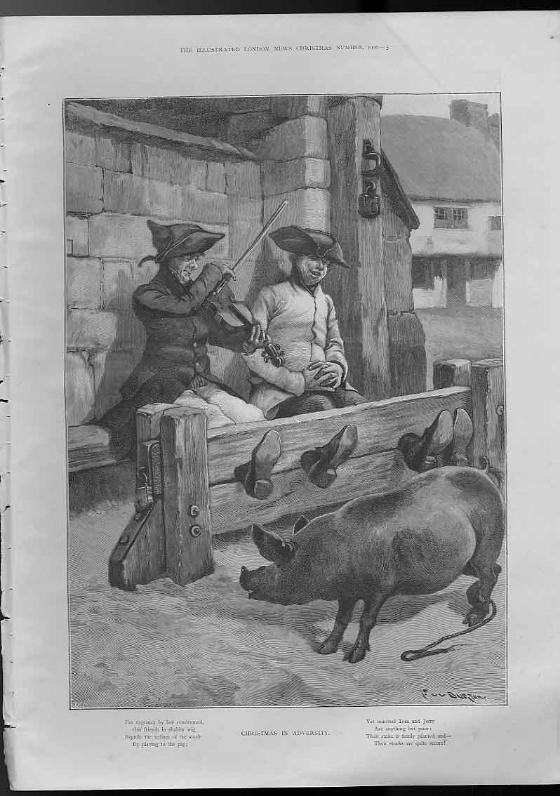 Original Old Antique Print Christmas In Adversity In The Stocks