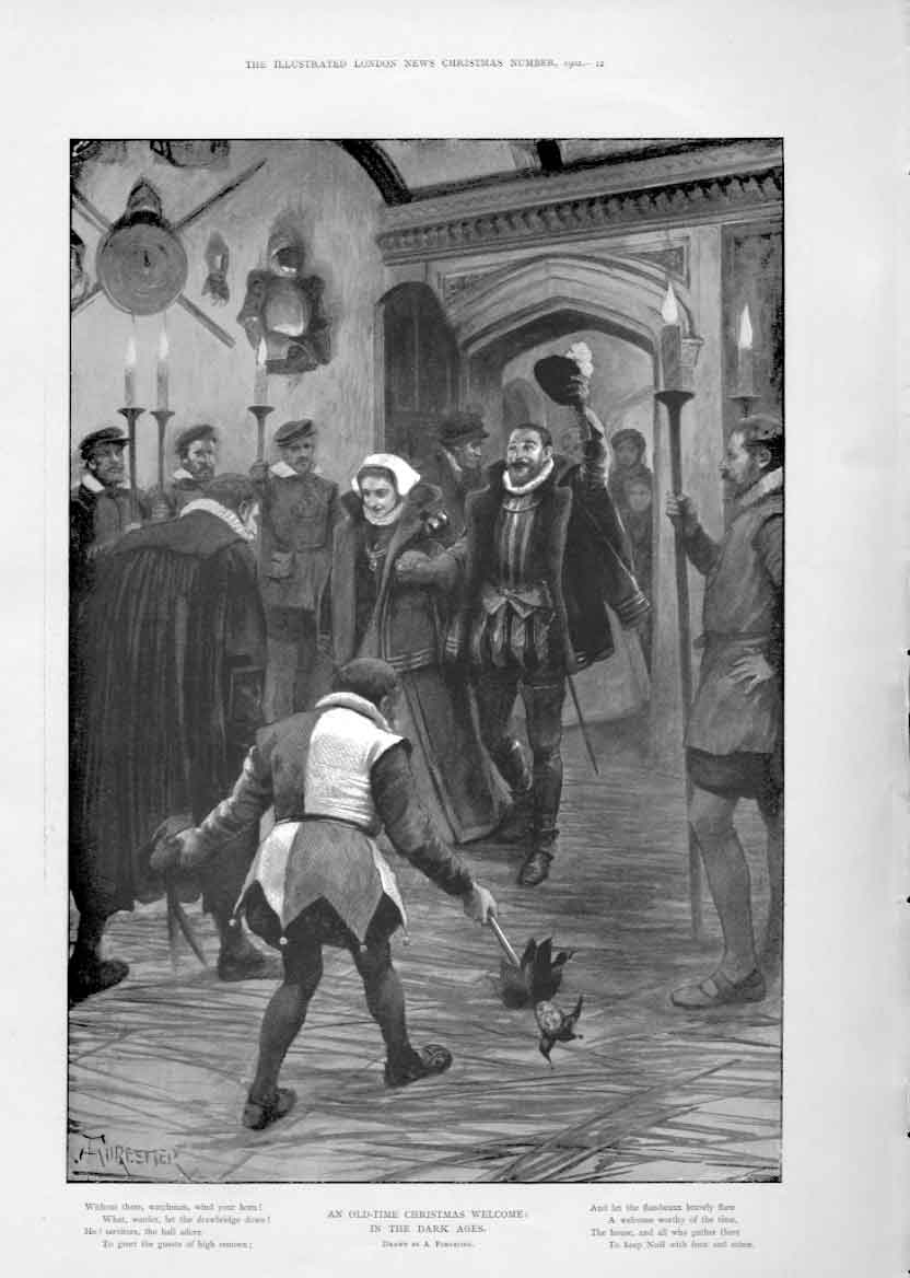 Original Old Antique Print Christmas Welcome In Dark Ages 1902 20th Century