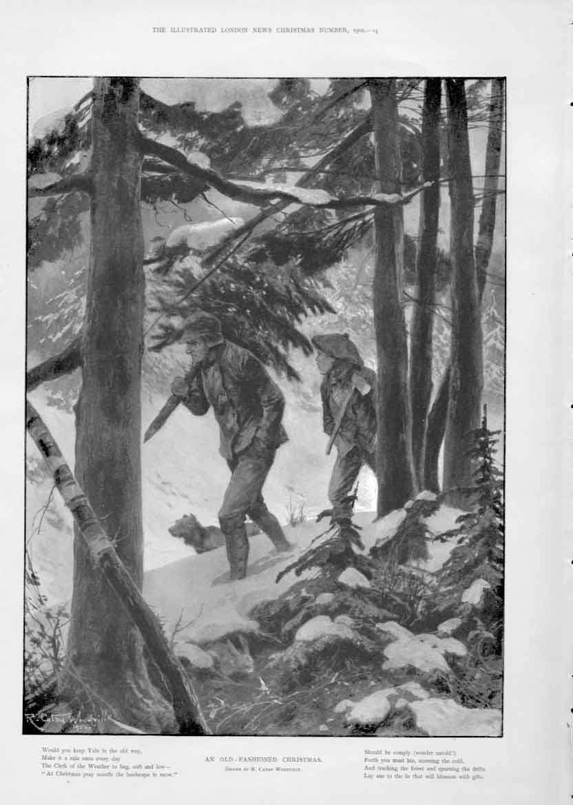 Original Old Antique Print An Fashioned Christmas 1902 Fine Art 20th Century