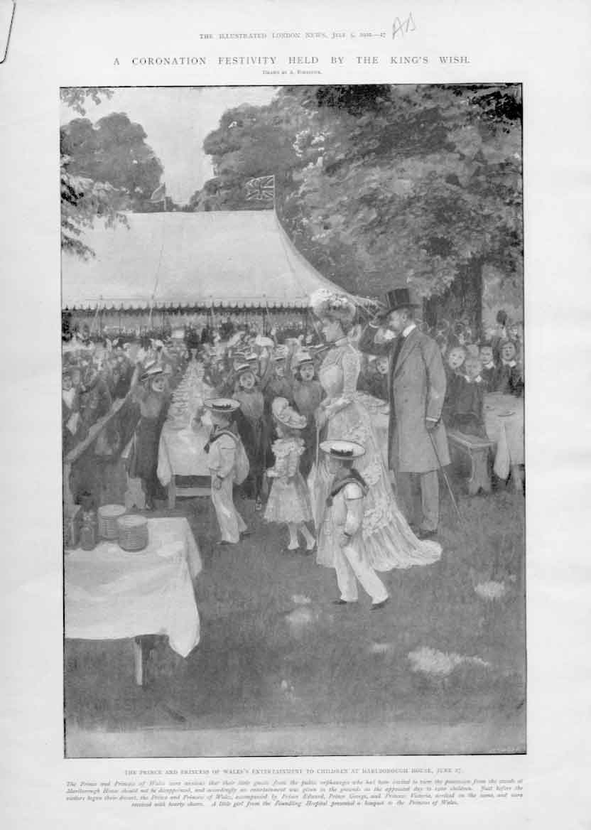 Original Old Antique Print Coronation Festivity Held By Kings Wish July 1902