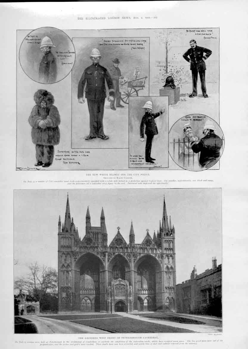 Original Old Antique Print White Helmets London Bobbies & Peterborough Cathe
