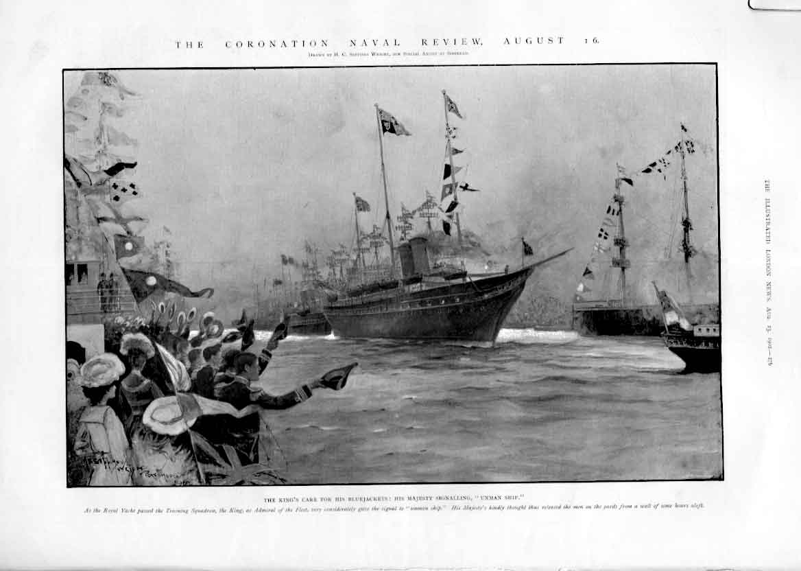 Original Old Antique Print Coronation Naval Review 1902 Ships 20th Century