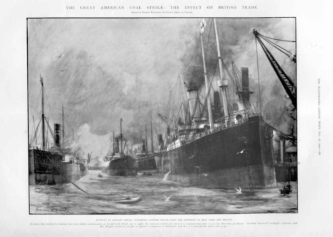 Original Old Antique Print Cardiff Dock Steamer Loading Coal To New York Bosto