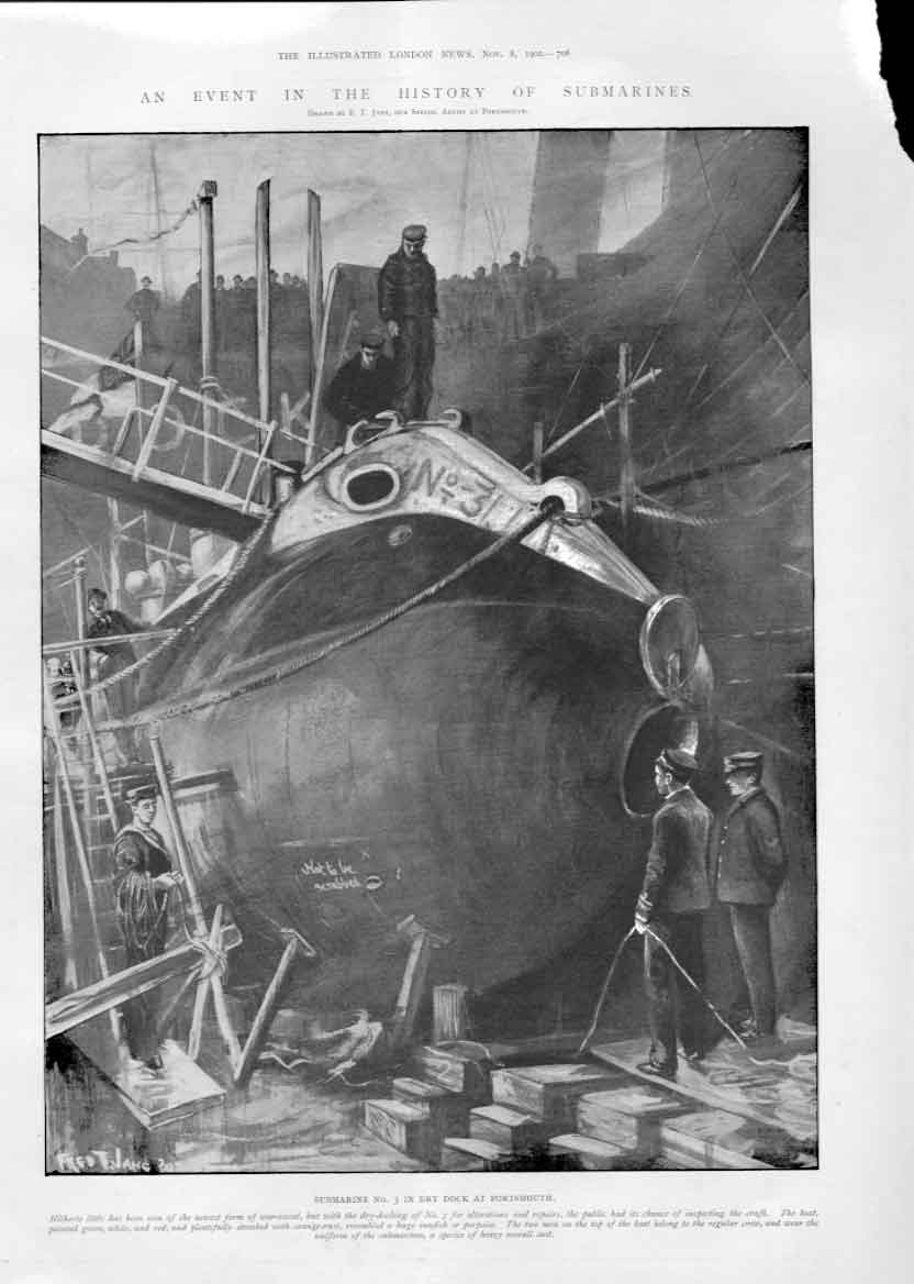 Original Old Antique Print Submarine *3 Drydock Portsmouth 1902 Shi