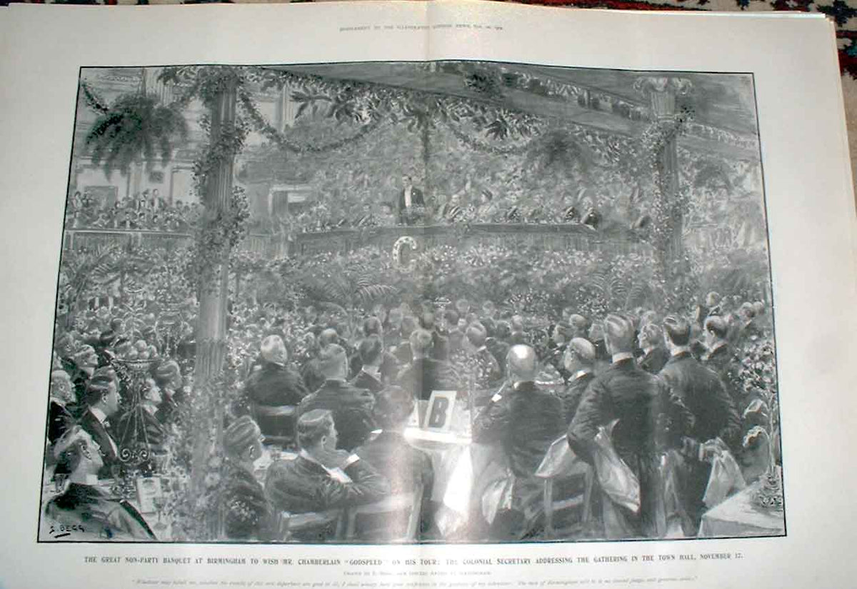 Old Antique Print Non Party Banquet For Chamberlain At Birmingham 1902 20th