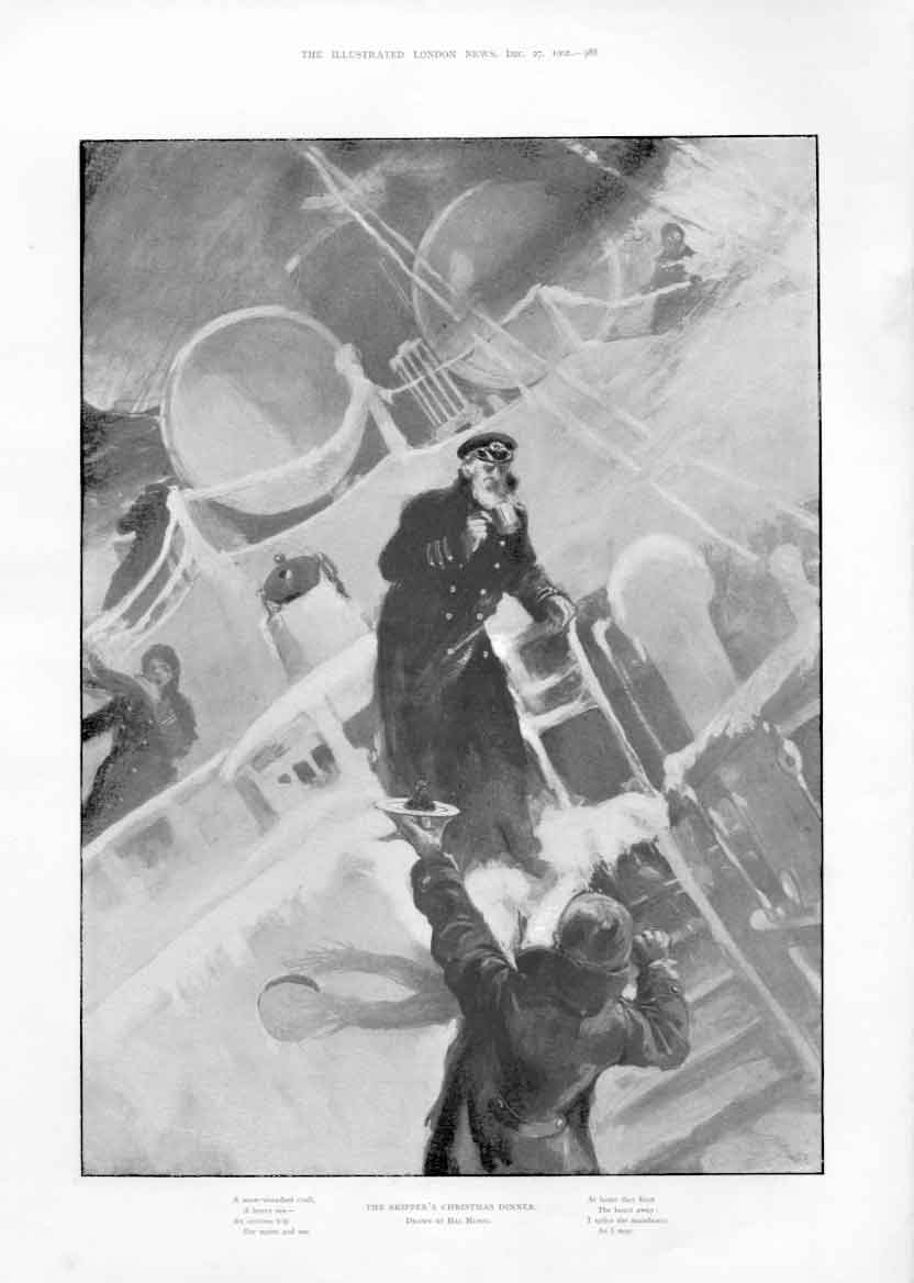 Original Old Antique Print Skippers Christmas Dinner 1902 Ships 20th Century
