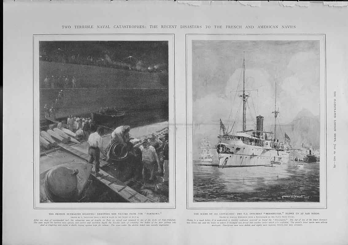 Original Old Antique Print Disasters French & American Navies 1905 Ships 20th