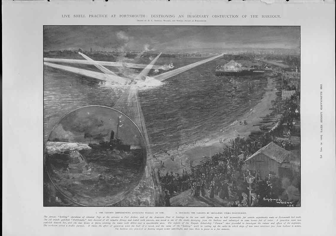 Original Old Antique Print Live Shell Practice Portsmouth 1905 Ships 20th