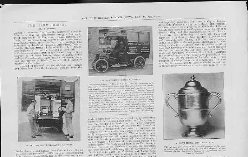 Original Old Antique Print Travelling Motor Workshop 1905 Cars 20th Century