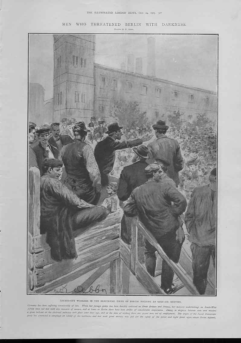 Old Antique Print Locked Out Workers Electrical Firms Berlin 1905 Germ 20th