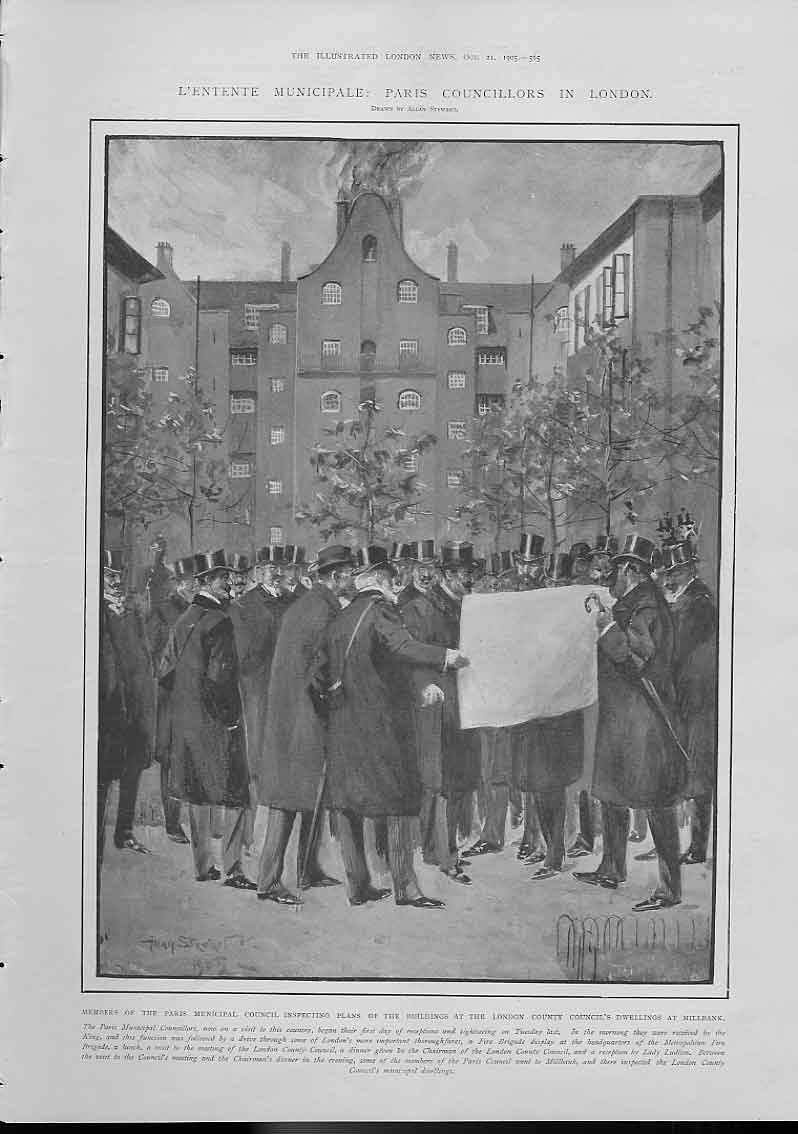 Original Old Antique Print L'Entente Municiple Paris Councillors In London 1905