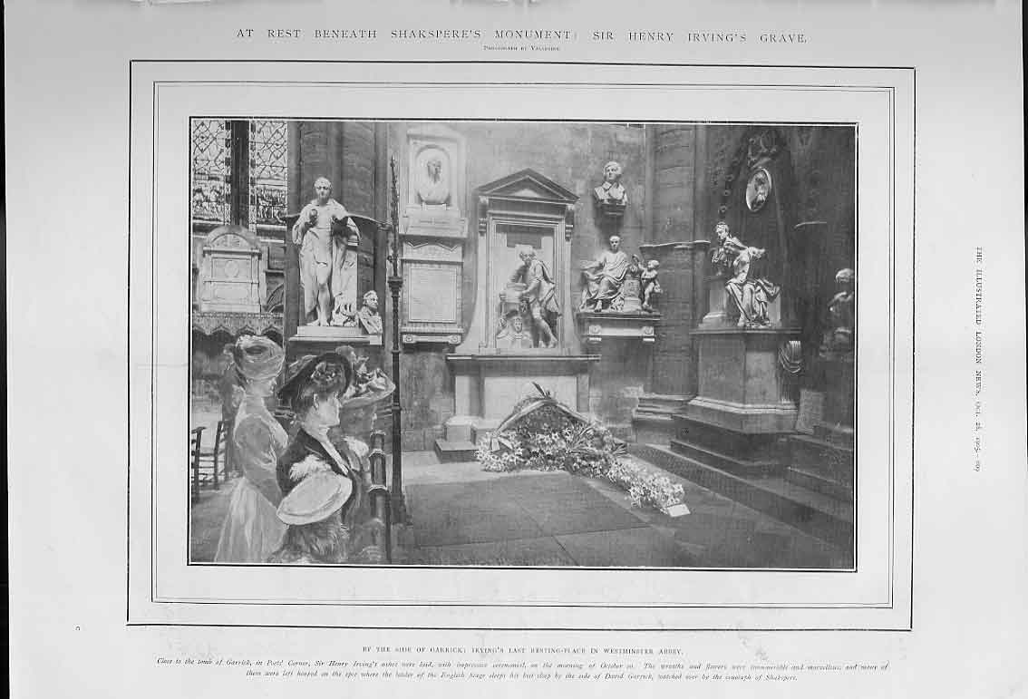 Original Old Antique Print Henry Irvings Grave Beneath Shakspeares Monument 19