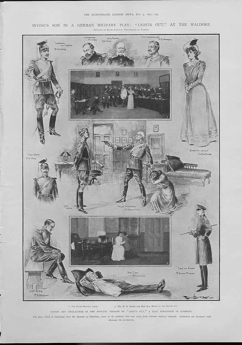 Original Old Antique Print Irving'S Son In Military Play Waldorf Theatre 1905