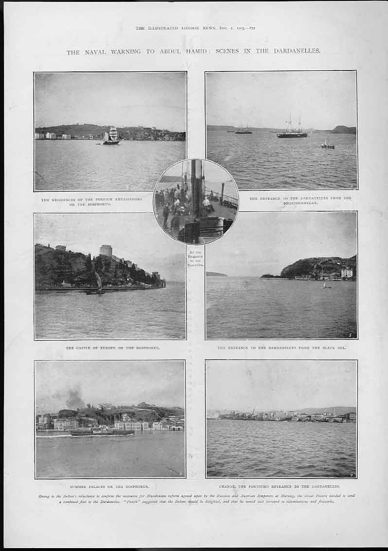 Original Old Antique Print Dardanelles Warning To Abdul Hamid 1905 20th