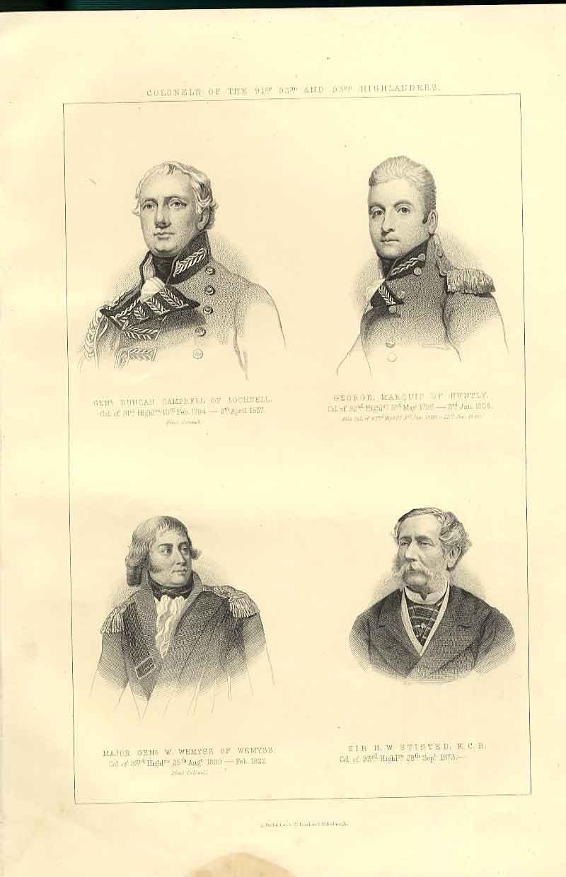 Original Old Antique Print Campbell Huntly Wemyss Stisted Highland Officers