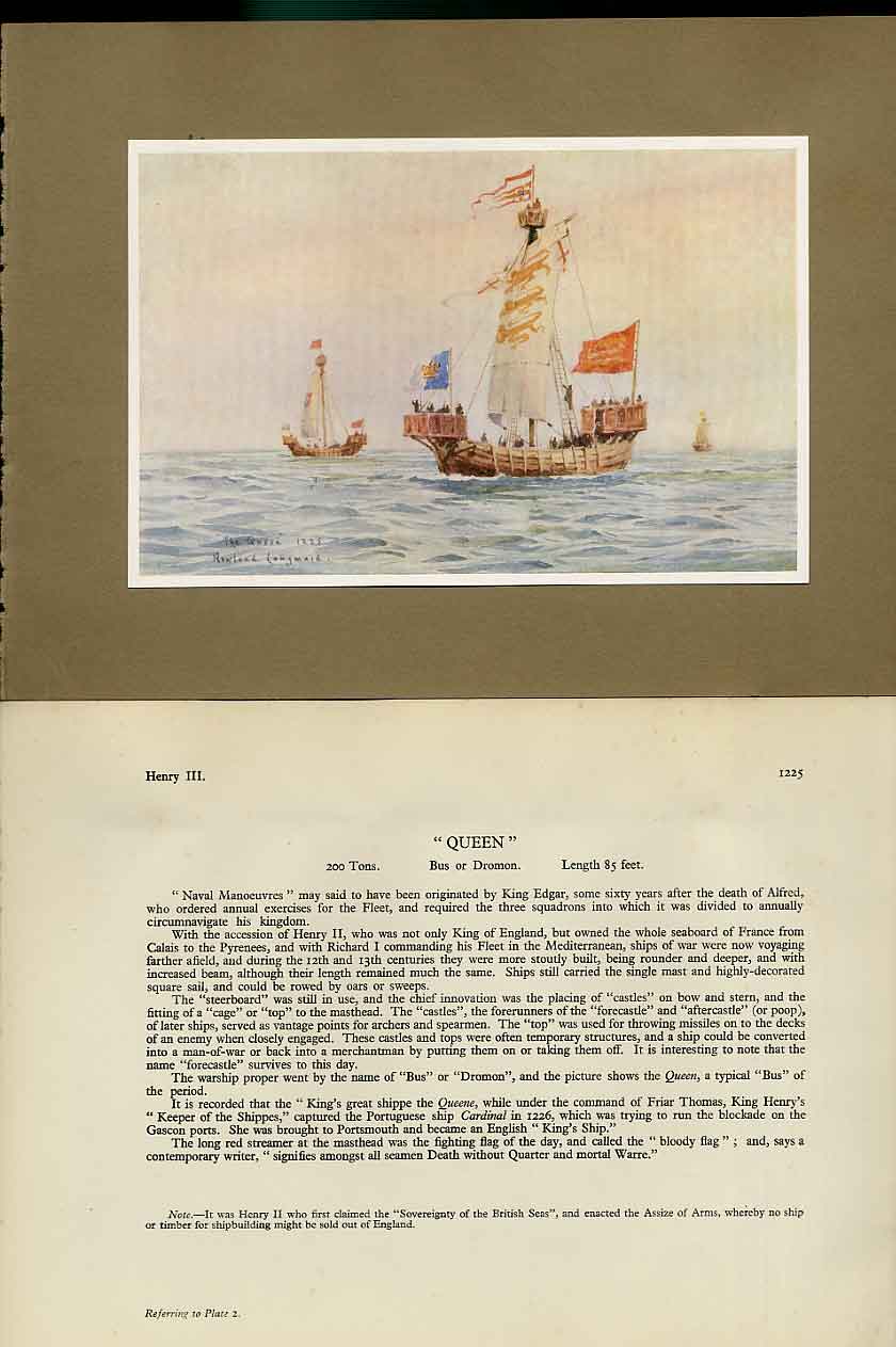 Original Old Antique Print King'S Ships The Queen 200 Tons 85 Feet S