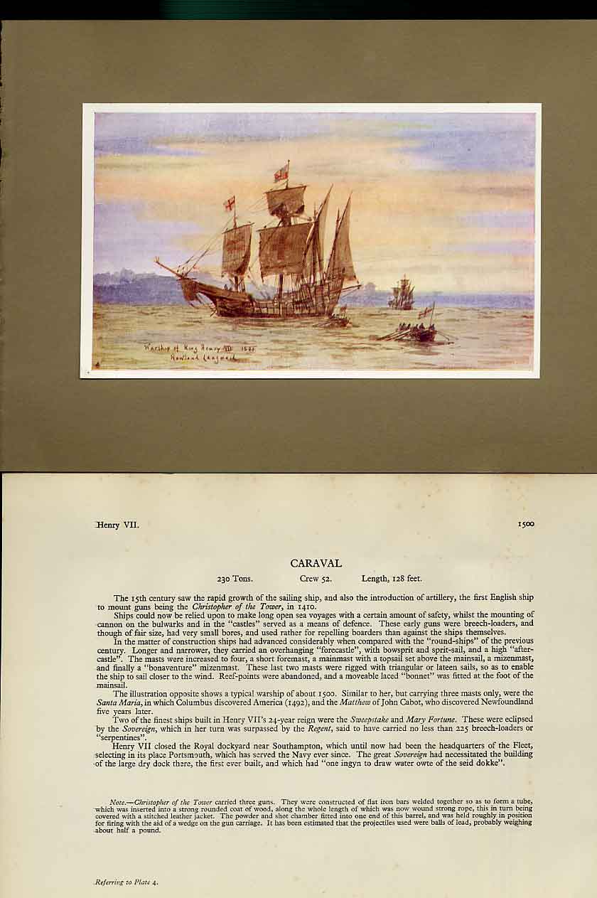 Original Old Antique Print King'S Ships The Caraval 230 Tons 128 Feet S
