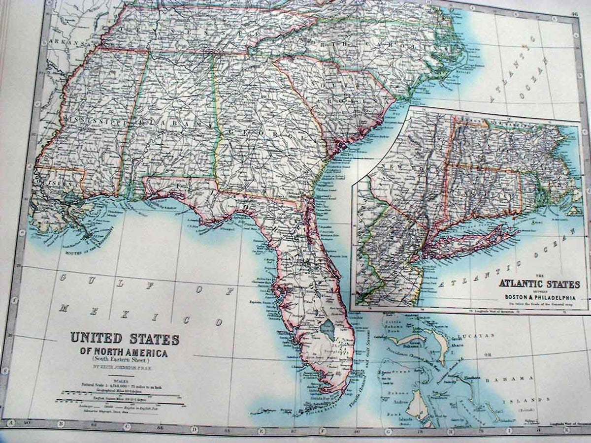 Original Old Antique Print United States S. E. Johnston Map 1898 Large Boston