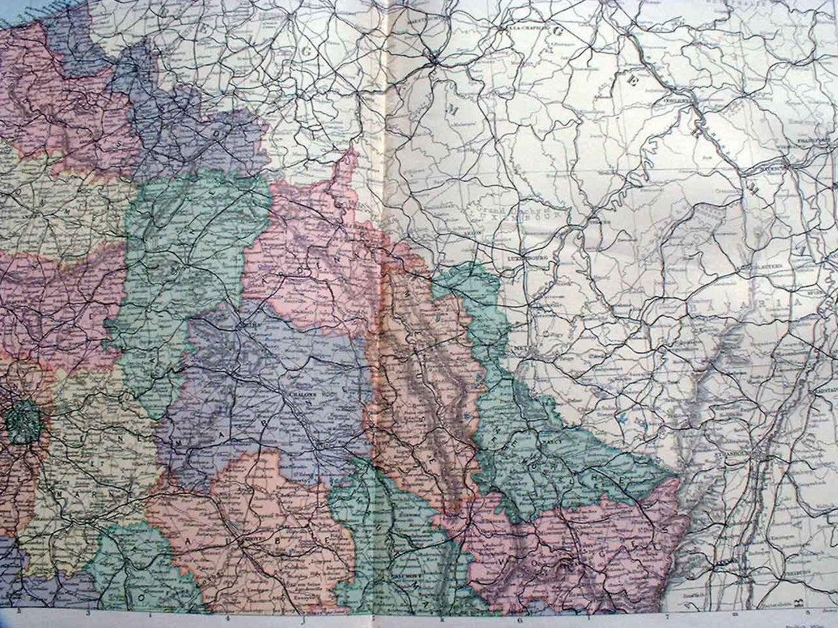 Original Old Antique Print France North East Bacon'S Maps 1893 Large 20X13"