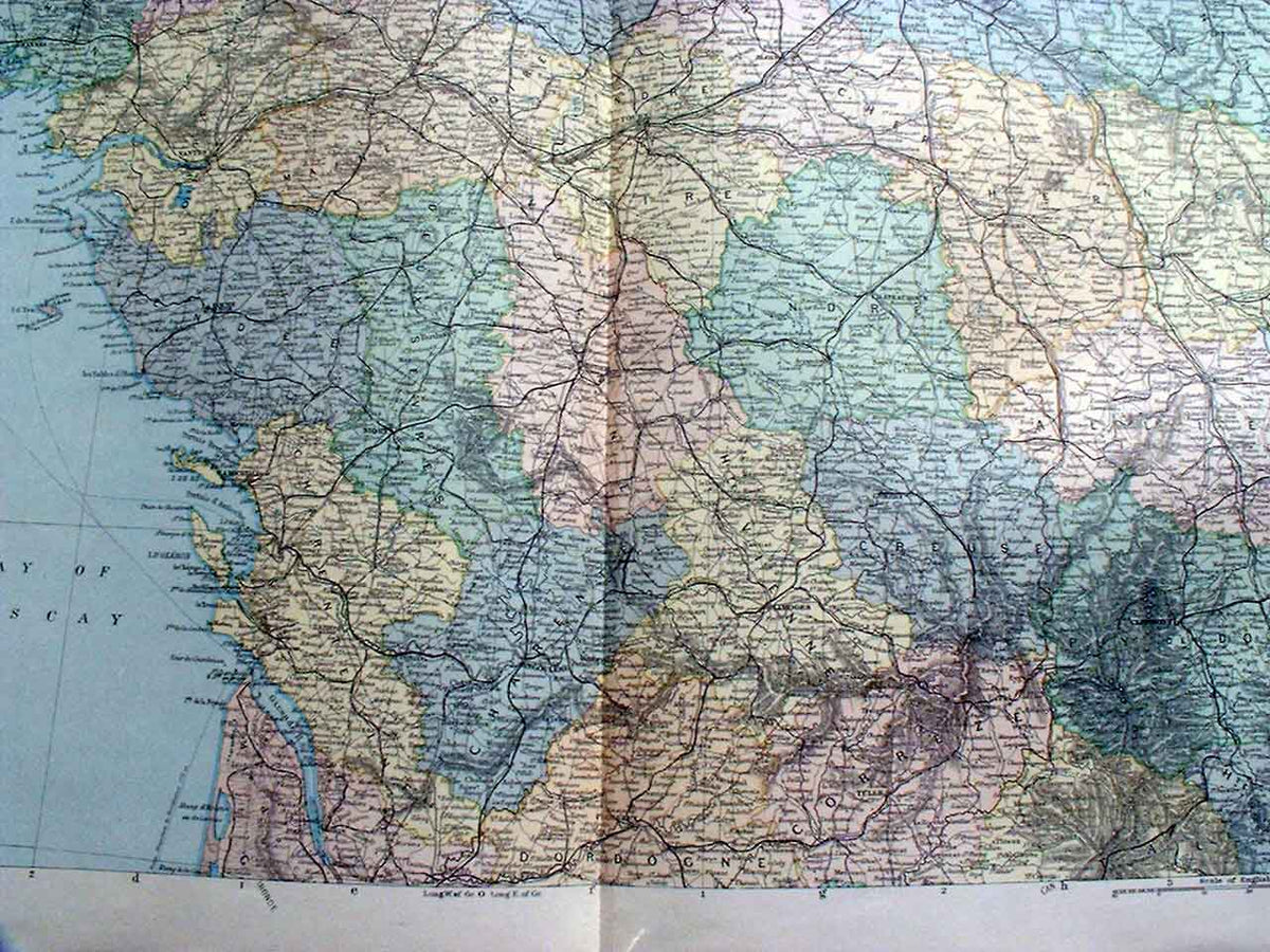 Original Old Antique Print France West Central Bacon'S Maps 1893 Large 20X13"