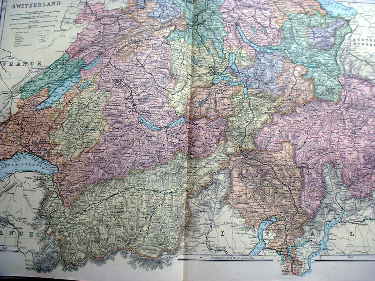 Original Old Antique Print Switzerland Bacon'S Maps 1893 Large 20X13" Victorian